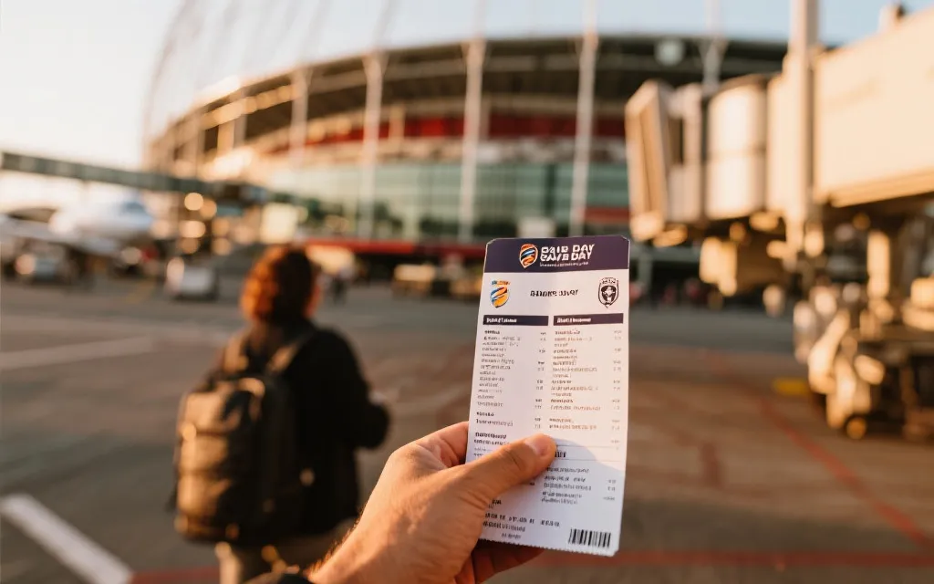 旅行者在机场与球场之间切换的观赛旅行节奏，手持行程表与球票的视觉概念