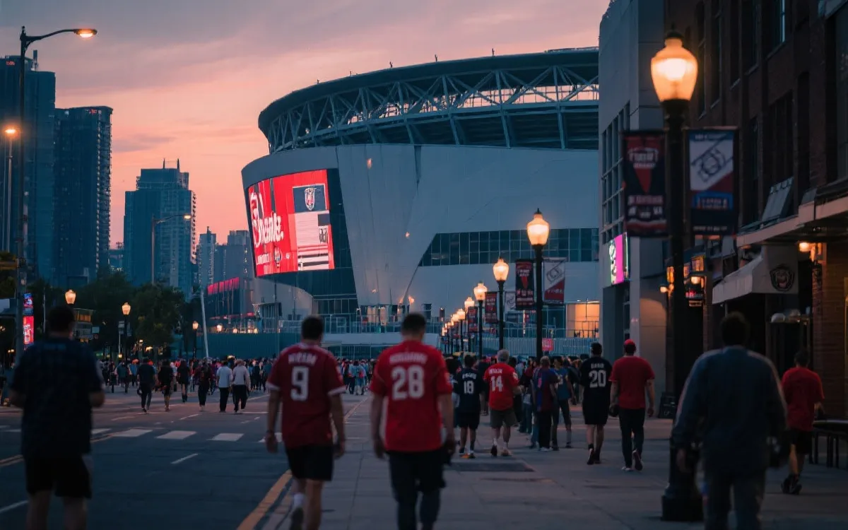 世界杯比赛日城市氛围概念：球迷在城市街头与球场周边步行、公共交通、夜景与湖滨/海滨结合